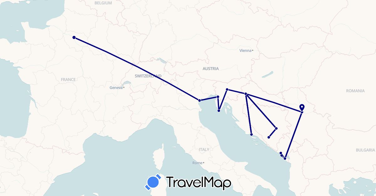 TravelMap itinerary: driving in Bosnia and Herzegovina, France, Croatia, Italy, Montenegro, Serbia, Slovenia (Europe)